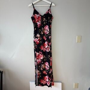 Venus Spaghetti Strap Black and Pink Floral Maxi Dress with Slit Medium